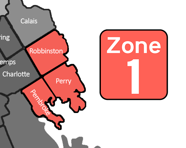 Zone 1 consists of Robbinston, Pembroke, and Perry